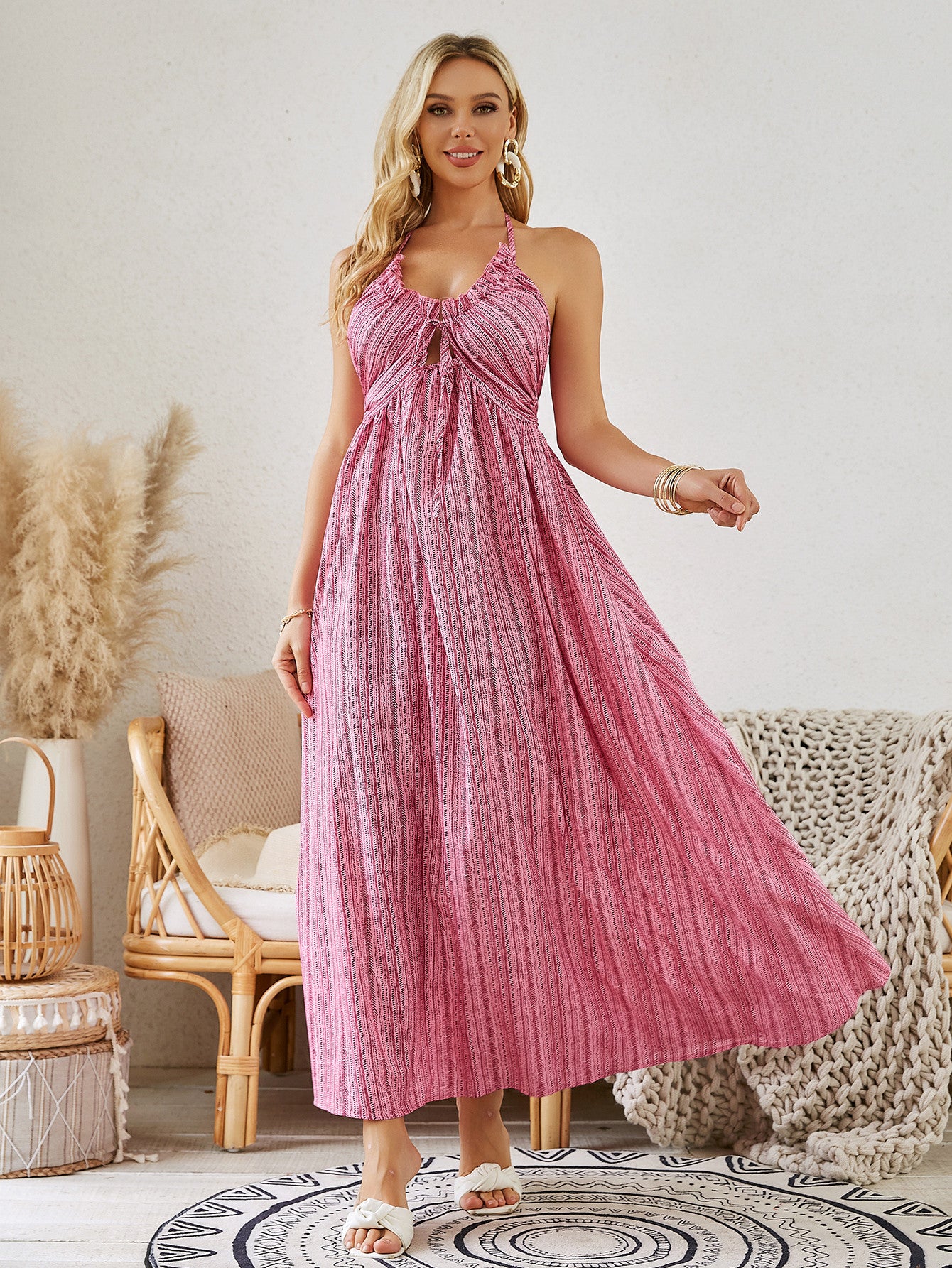 Bohemian Halter Maxi Dress - Women's Summer Sleeveless Flowy Beach Dress