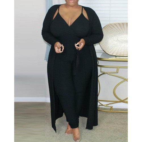 Plus Size Ribbed Crop Top & Pants Set With Coat & Mask