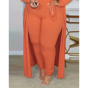 Plus Size Ribbed Crop Top & Pants Set With Coat & Mask