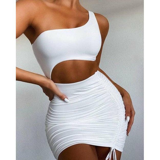 One Shoulder Sleeveless Ruched Mini Bodycon Dress
