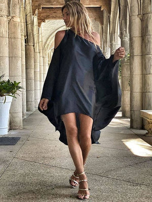 Stylish Loose High-Low Batwing Sleeves Black Midi Dress