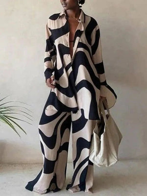 Urban Long Sleeves Wide Leg Printed Lapel Two Pieces Set