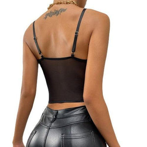 See-Through Mesh Lace-Up V Neck Crop Camisole - Dream Voltage Apparel